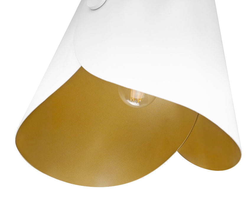Close-up of modern one-light pendant in matte white with gold interior glow.