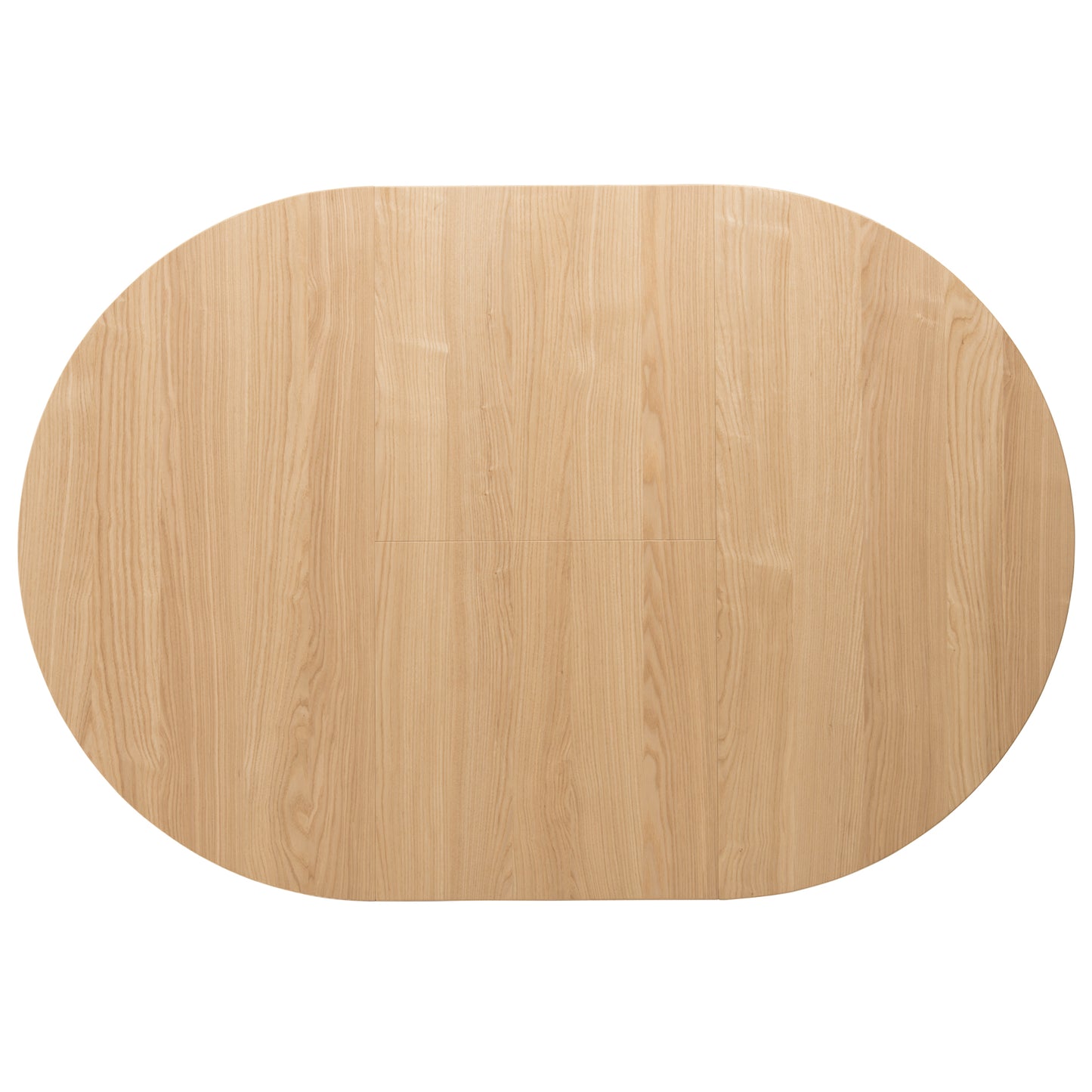 Extended oval tabletop in light wood with a seamless extension mechanism.