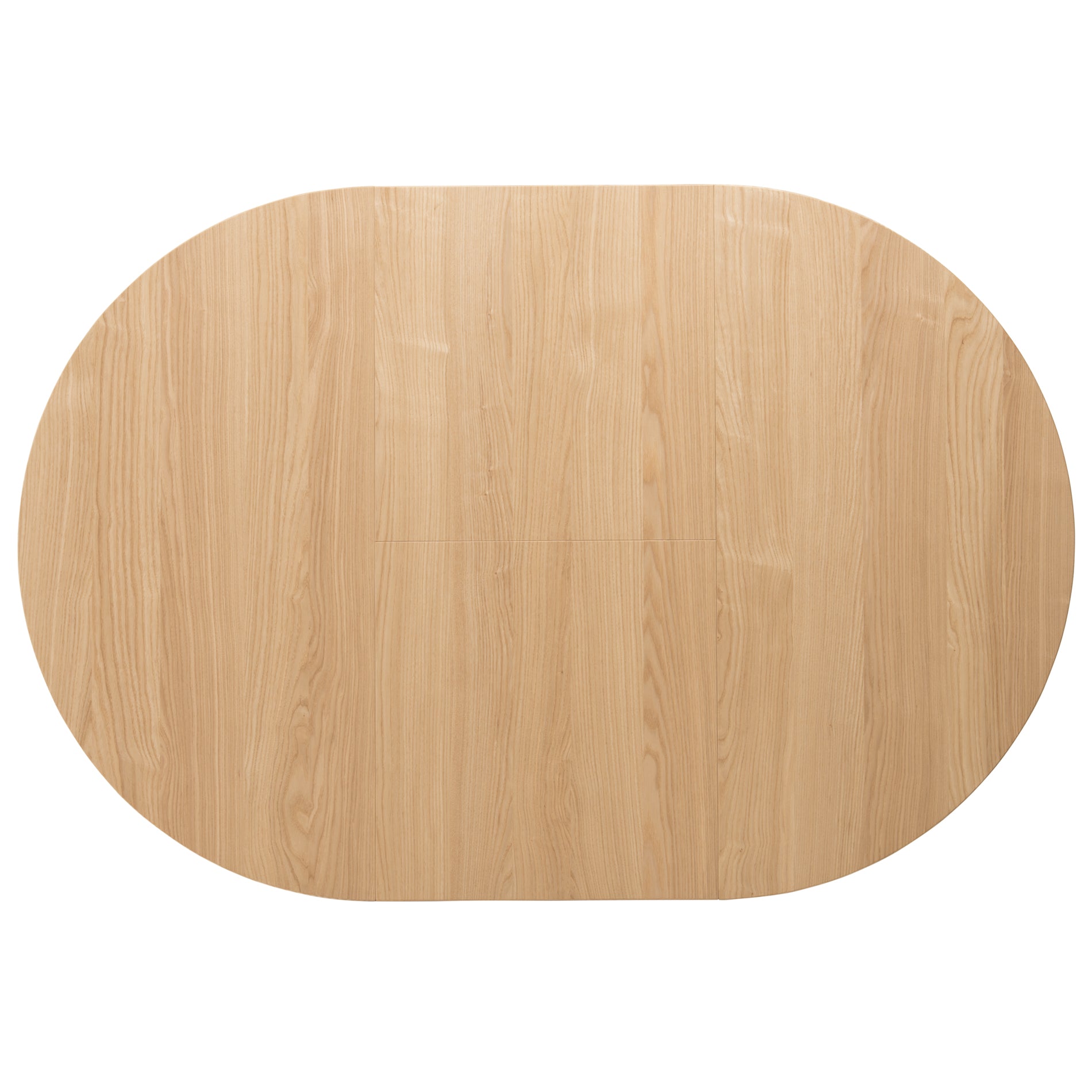 Extended oval tabletop in light wood with a seamless extension mechanism.