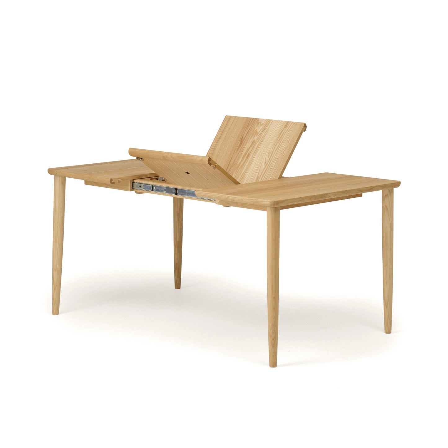 Square dining table mid-extension, showcasing the hidden leaf mechanism for expandable seating.