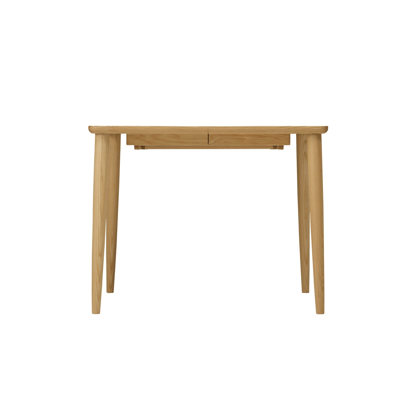 Front view of a square extension dining table with a smooth wood finish and tapered legs.