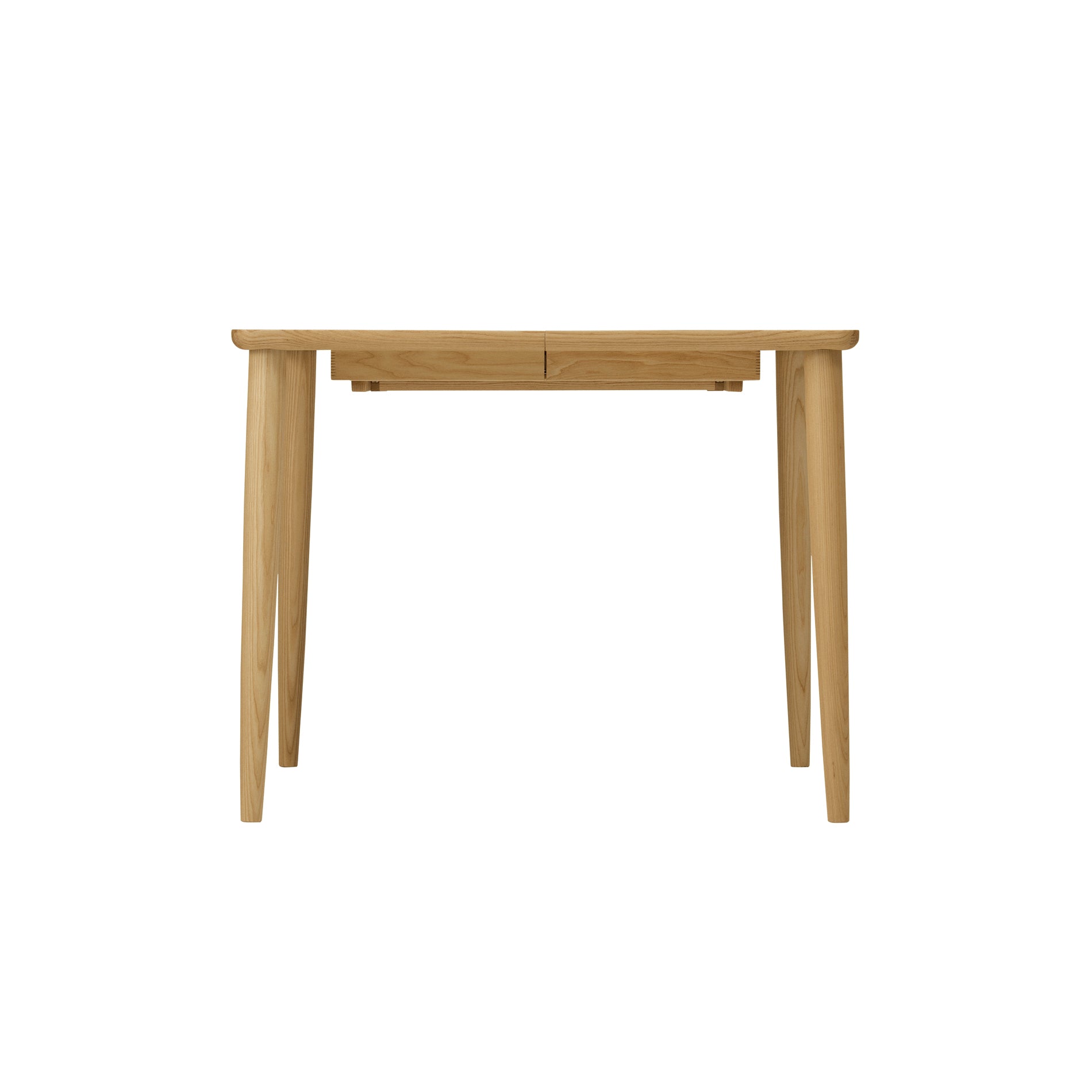 Front view of a square extension dining table with a smooth wood finish and tapered legs.