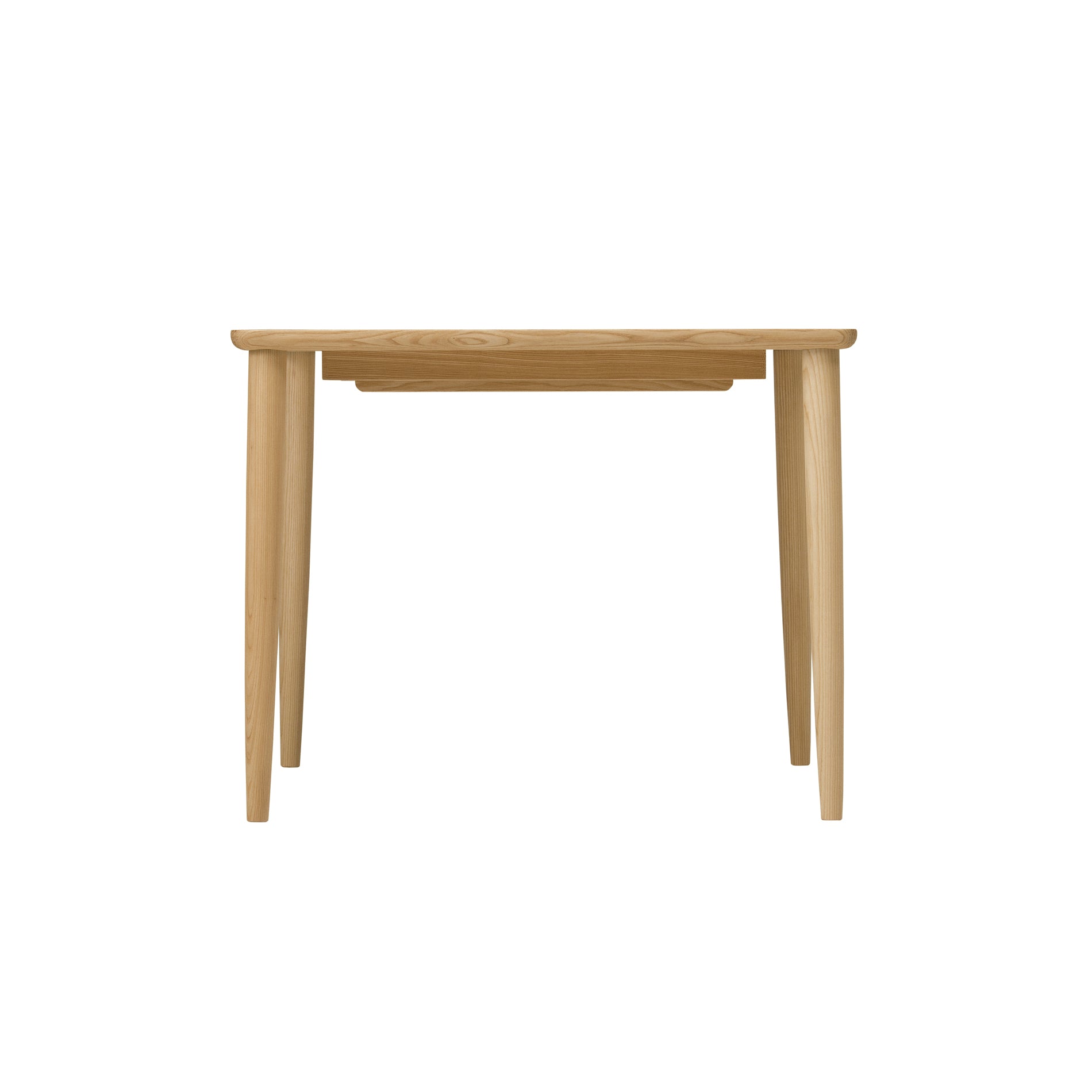 Side profile of wooden square dining table featuring slim, tapered legs and expandable design.