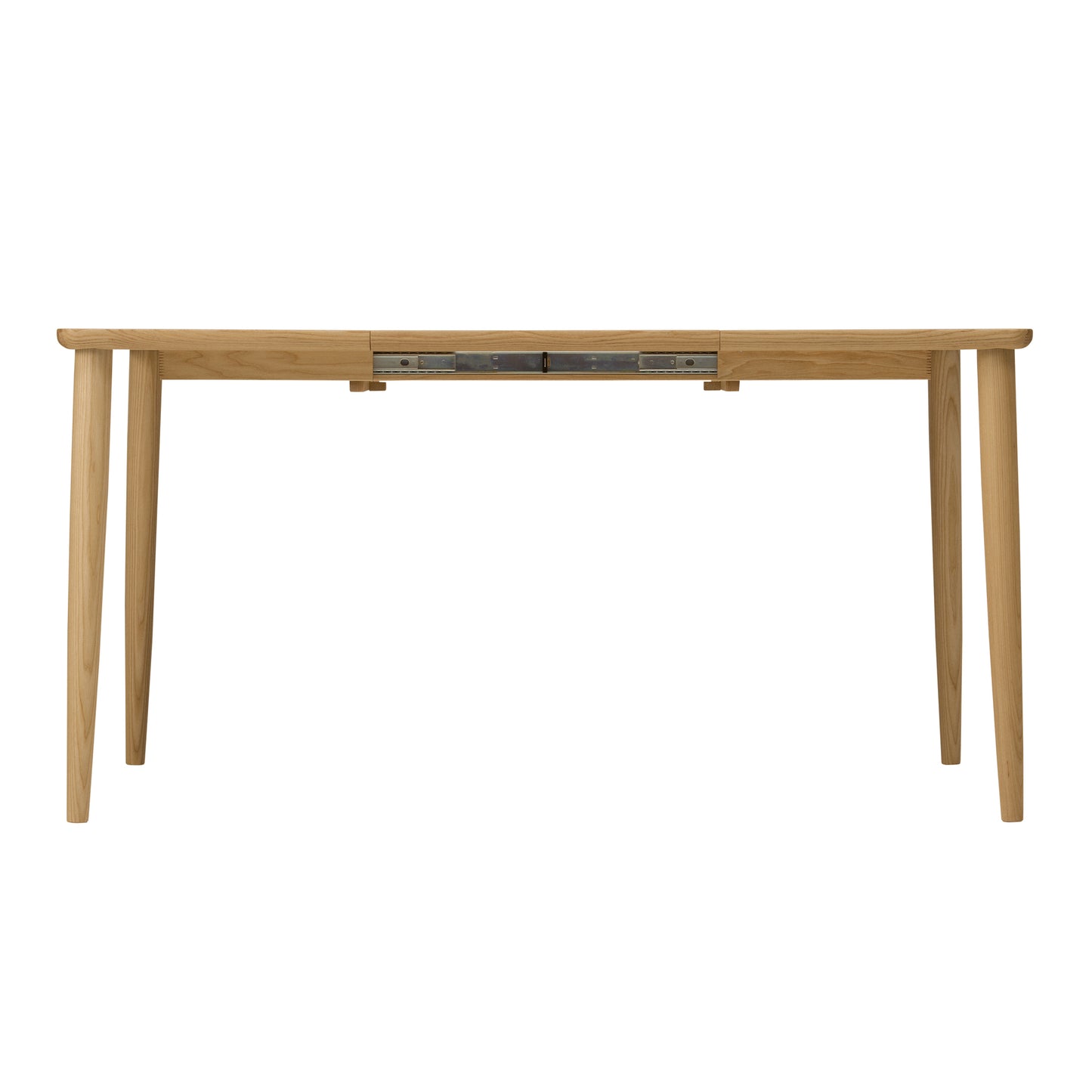 Side view of the table extension mechanism, highlighting the sturdy metal rails and hidden leaf panel.