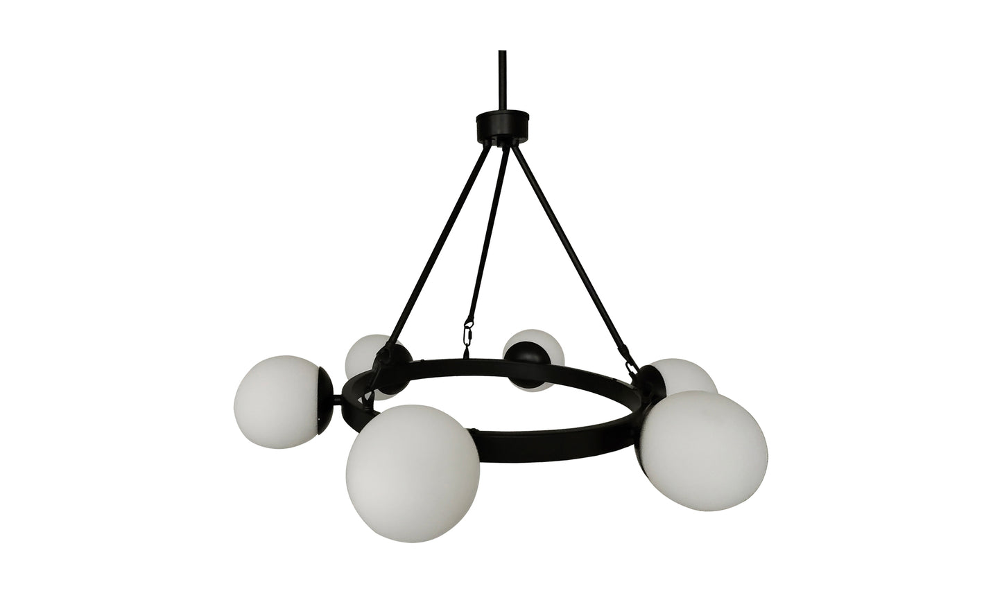 Oaha black pendant light chandelier with six globe bulbs on a circular iron frame, retro-inspired design