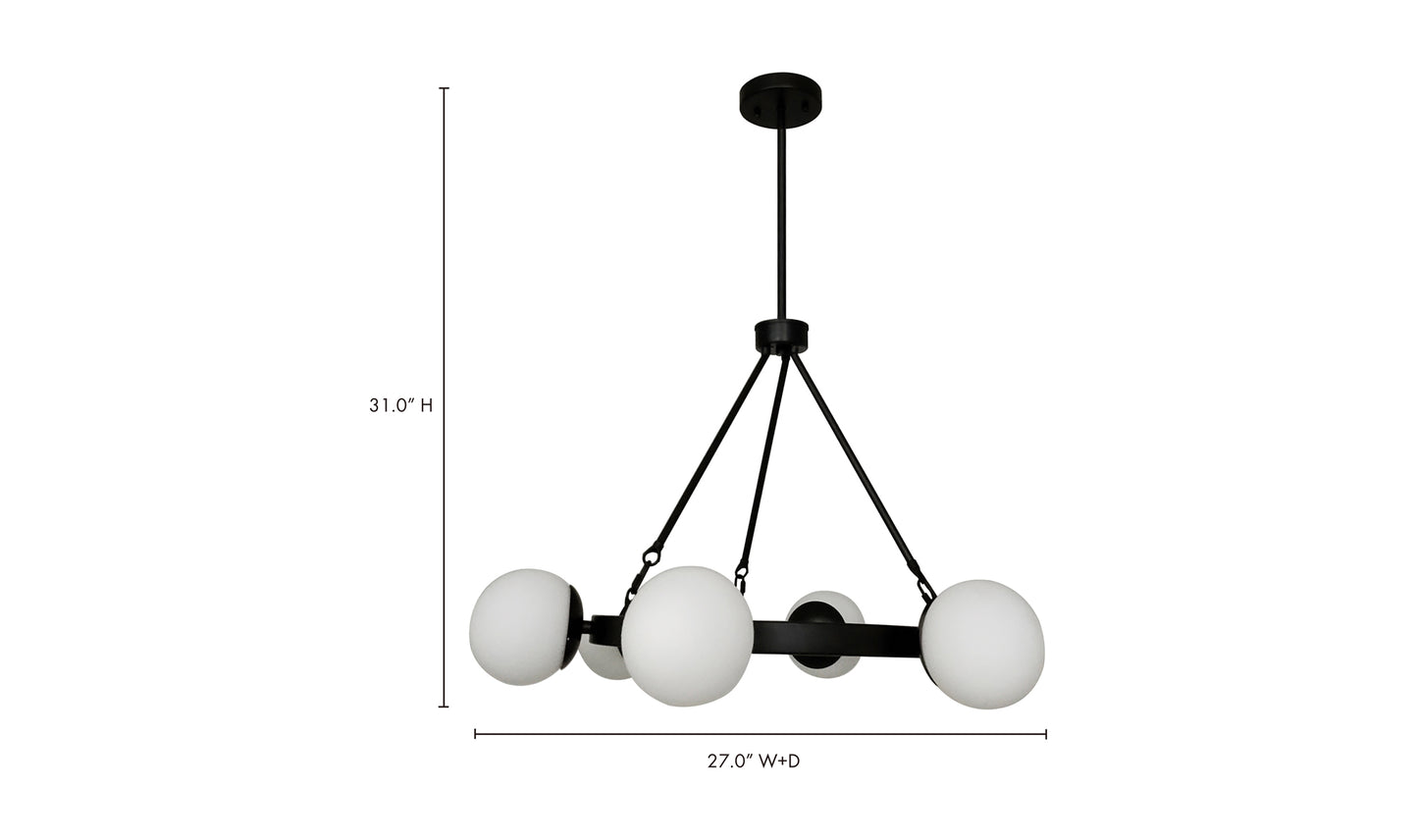 Dimensions of the Oaha pendant light with black iron frame and globe bulbs.