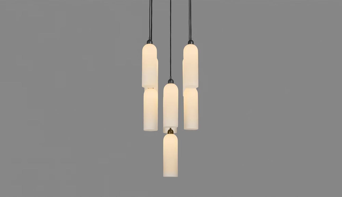 Illuminated 9-cylinder Odyssey Cluster Chandelier in black gunmetal.