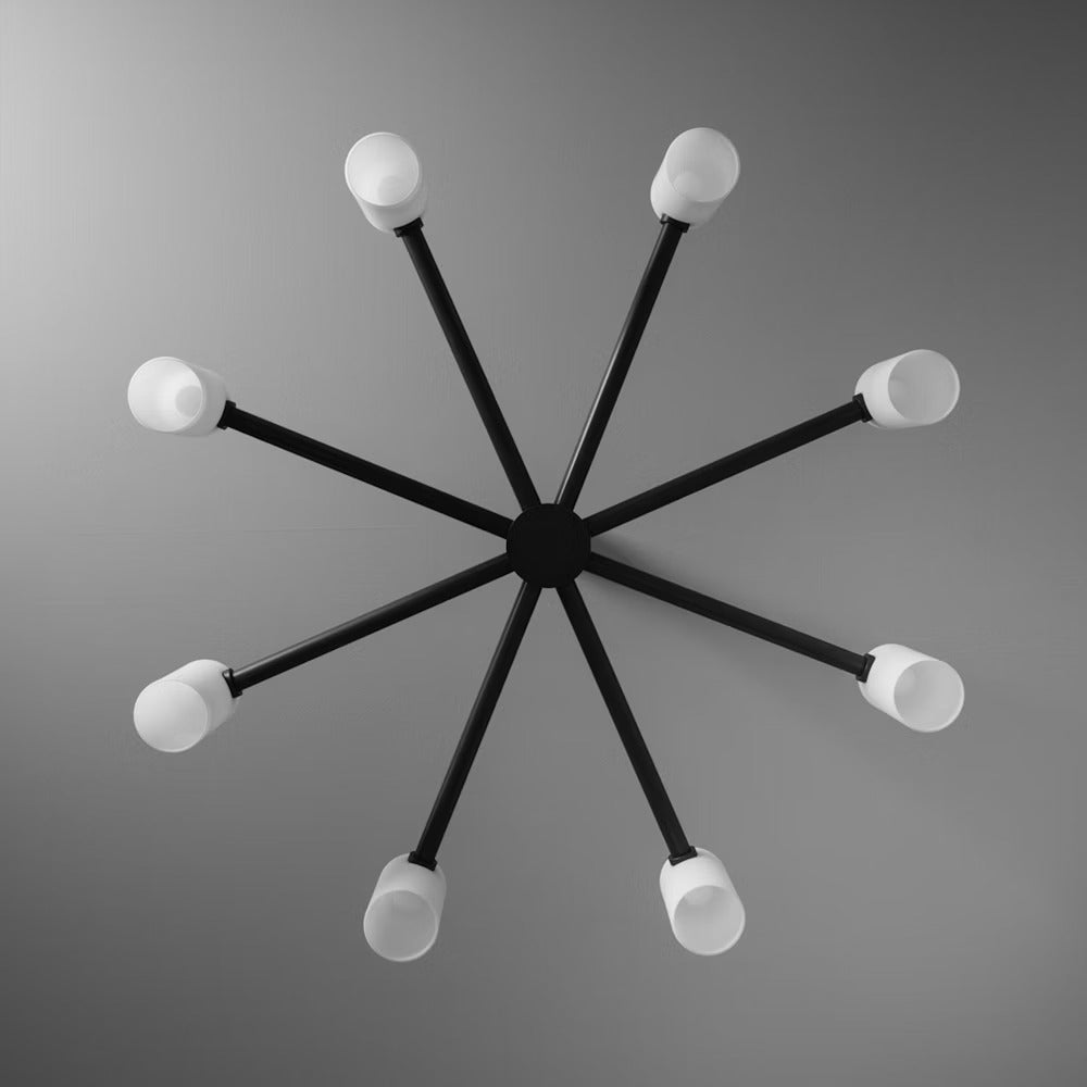 Modern black chandelier with eight frosted glass globes, viewed from below for a geometric effect.