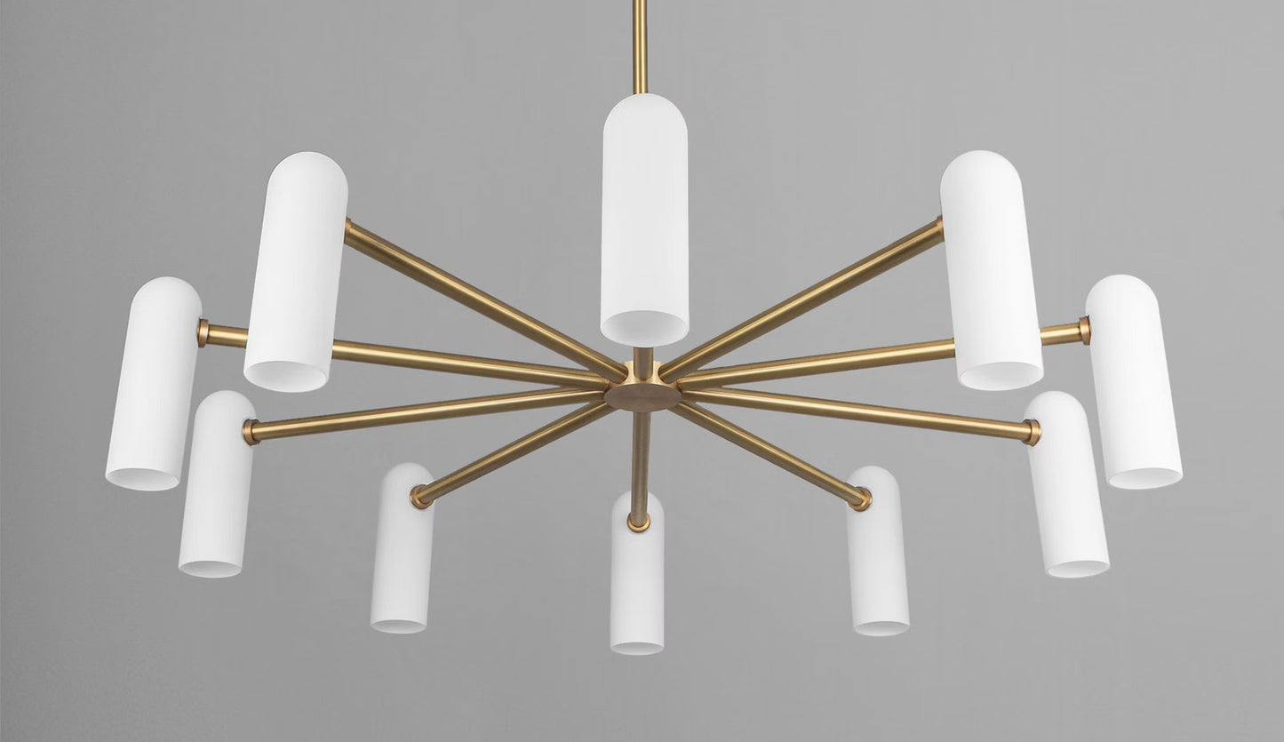 Brass chandelier with ten white opal glass shades, designed with sleek, radiating arms.