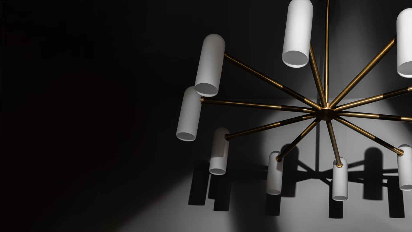 Brass chandelier with white opal glass shades, featuring sleek radiating arms and dramatic shadows.