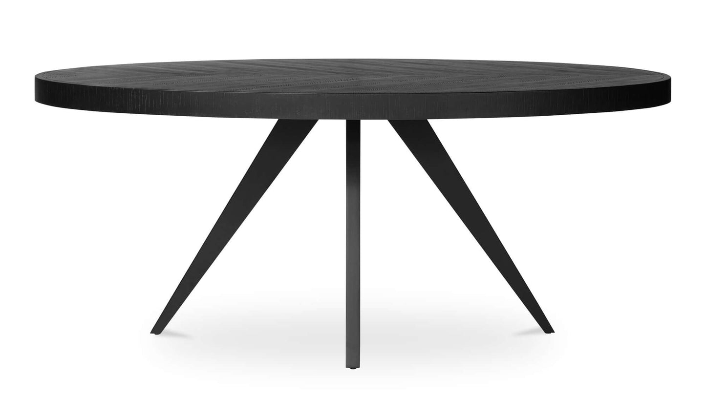 Front view of the Parq Black Oval Dining Table with rustic style and black finish.
