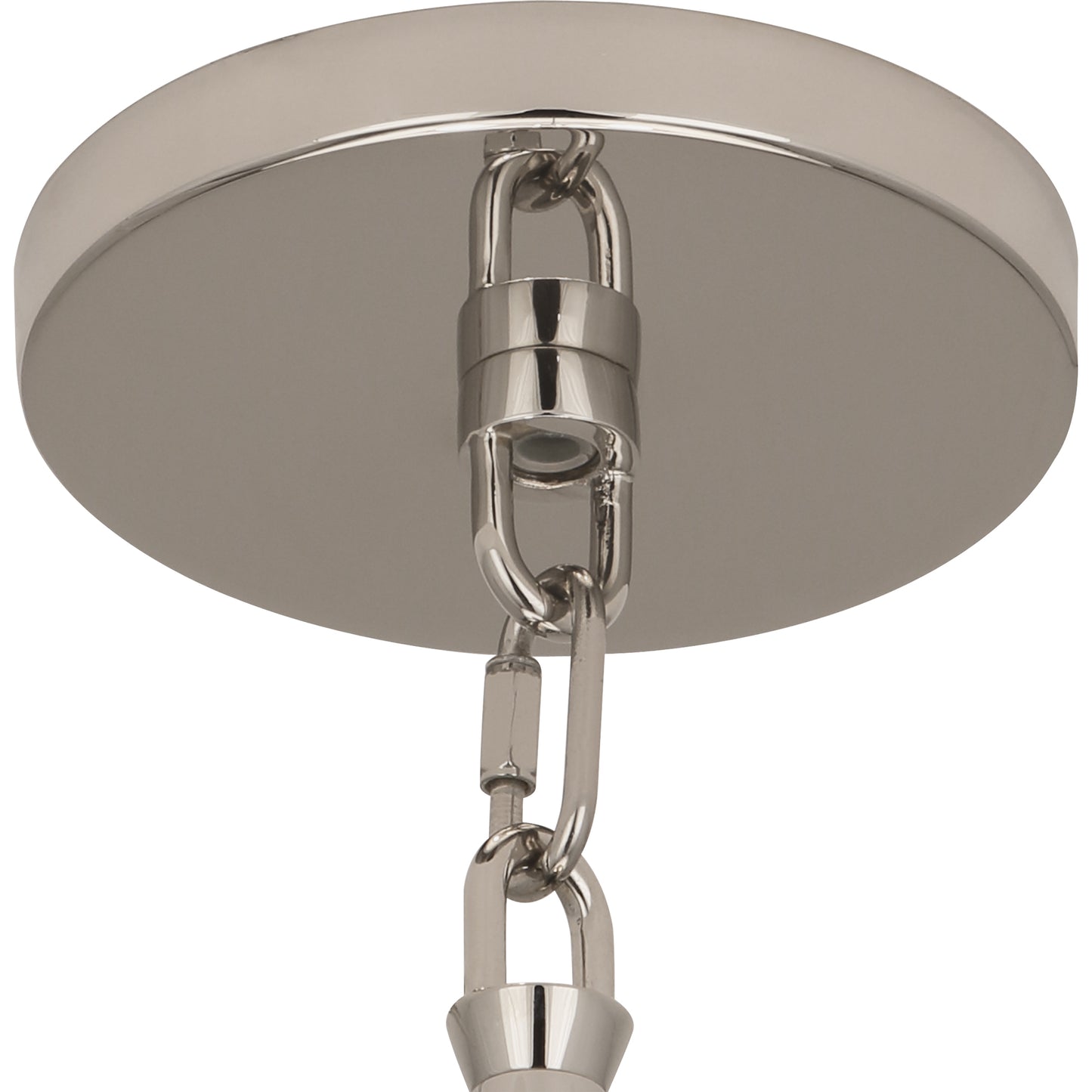 Close-up of a polished nickel ceiling canopy with chain attachment for a pendant light.