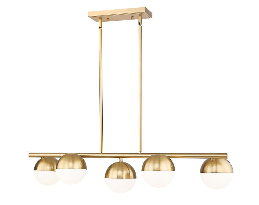Modern five-light island chandelier in gold finish.