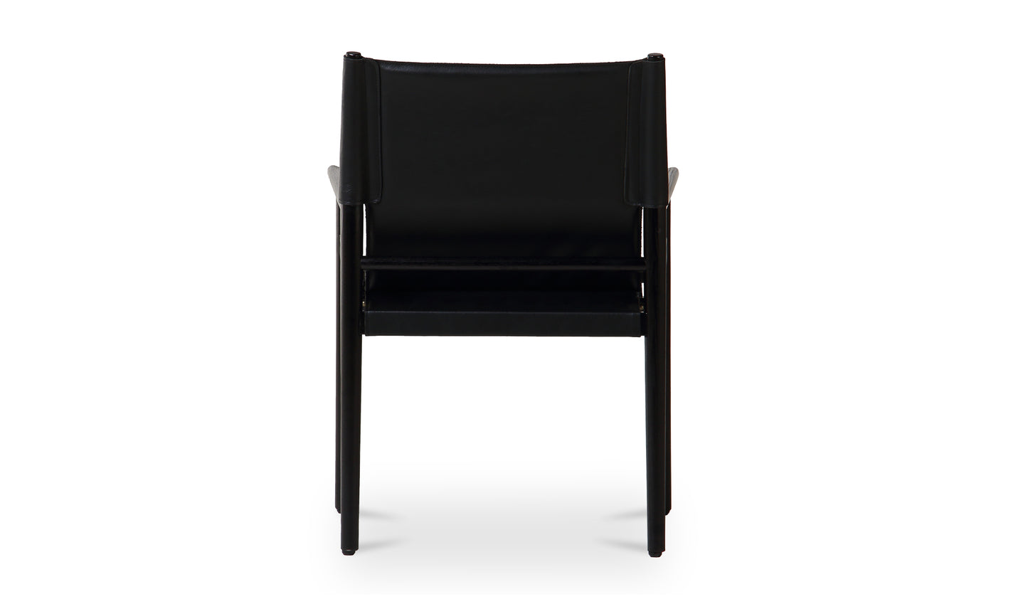 Back view of the Remy Black Leather Dining Chair featuring a slingback design with a black leather finish and solid ash wood frame.