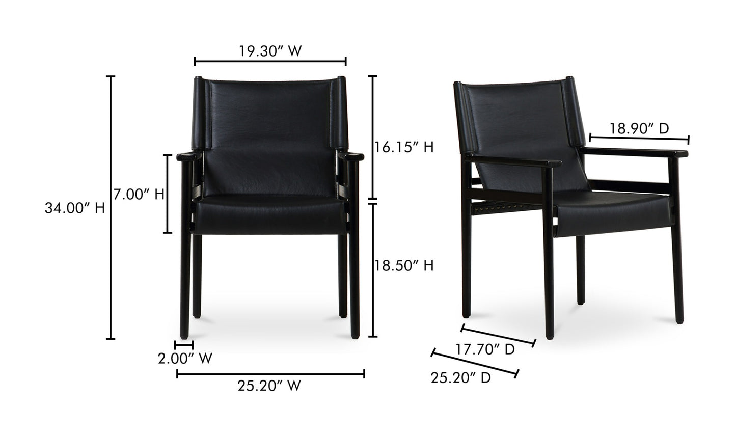 Dimensions of the Remy Black leather Dining Chair displayed with clear measurements.