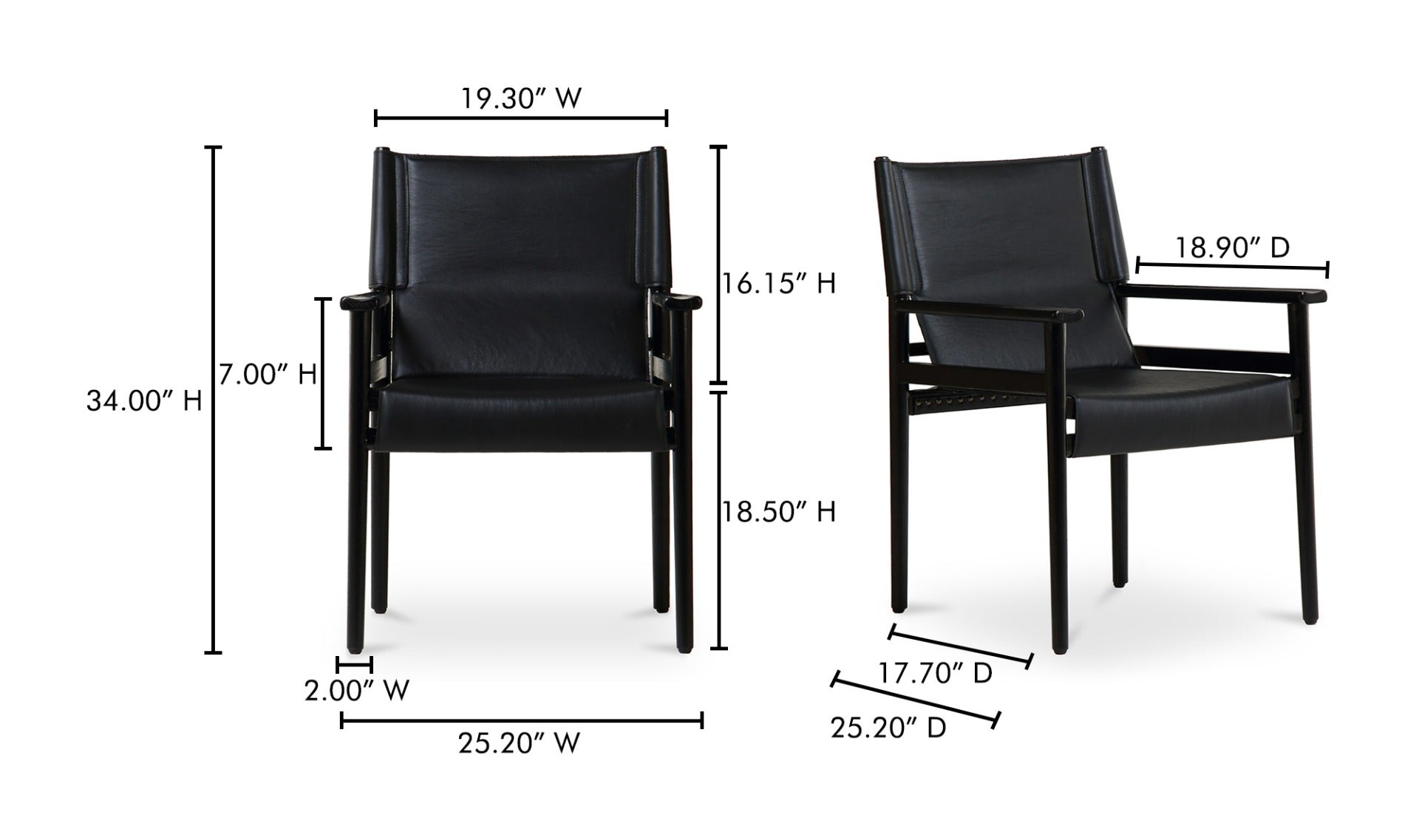 Dimensions of the Remy Black leather Dining Chair displayed with clear measurements.