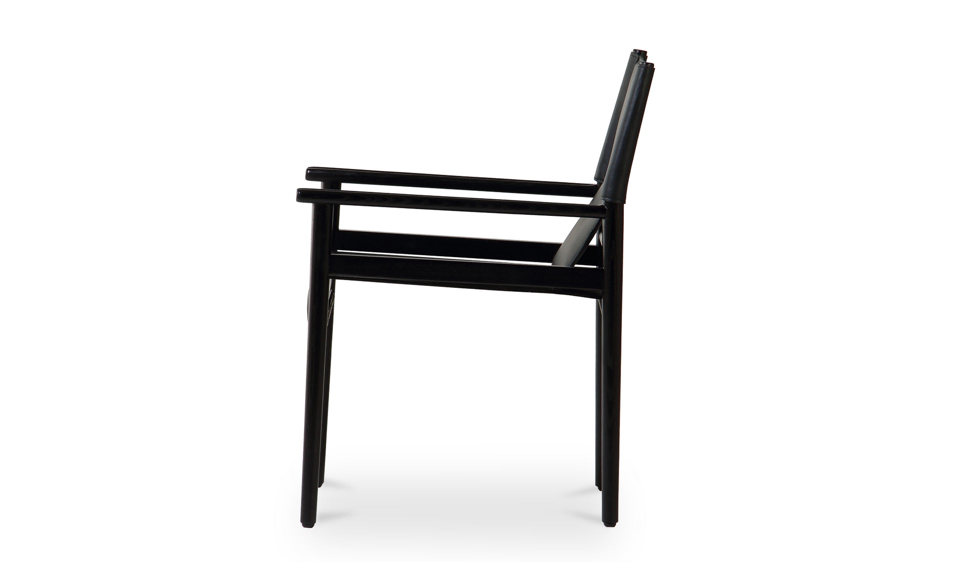 Side view of the Remy Black Leather Dining Chair featuring top-grain buffalo leather and a sleek ash wood frame.