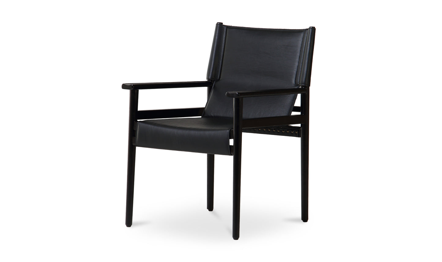 Angled front view of the Remy Black Mid-Centiry Modern Dining Chair showcasing its sleek design with top-grain buffalo leather and black ash wood frame.