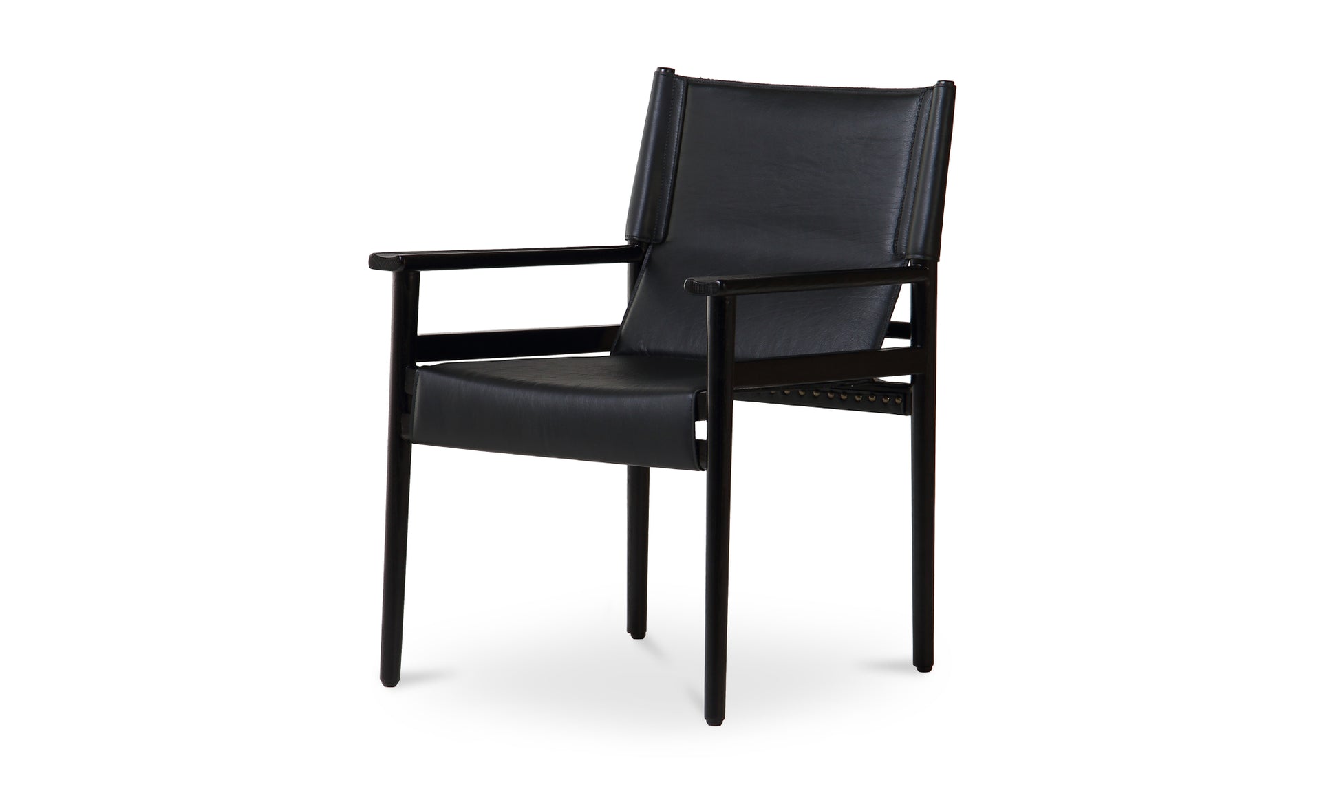Angled front view of the Remy Black Mid-Centiry Modern Dining Chair showcasing its sleek design with top-grain buffalo leather and black ash wood frame.