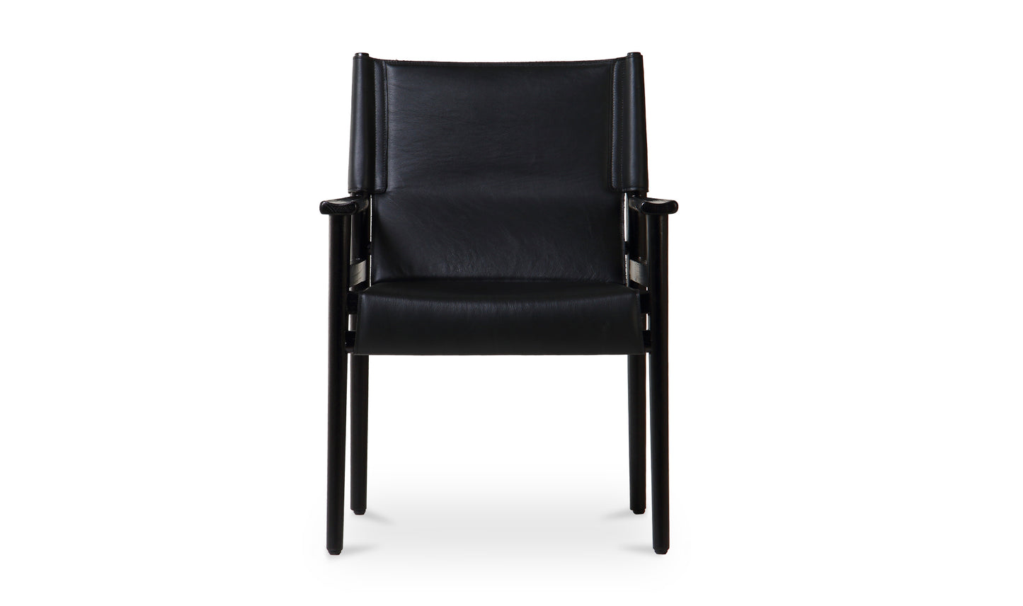 Front view of the Remy Black Mid-Century Modern Dining Chair showcasing its black leather seat and wide armrests.