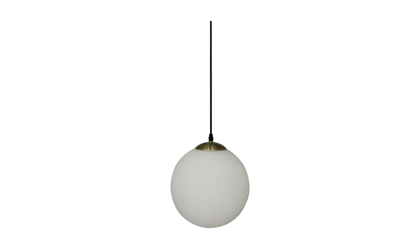 Sol pendant light with frosted glass shade and antique brass top, retro design.
