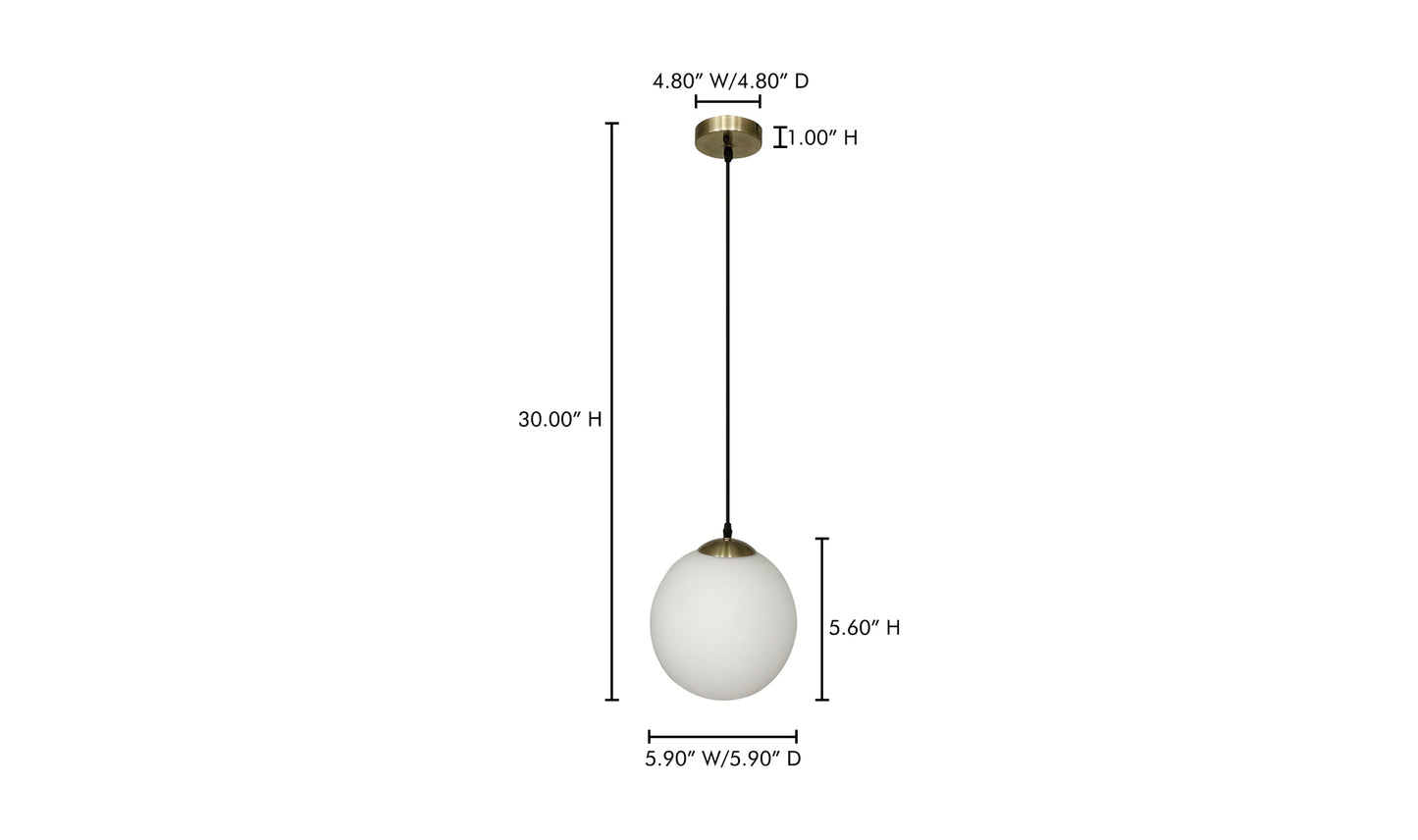 Dimensions of the Sol pendant light with antique brass finish and frosted glass shade.