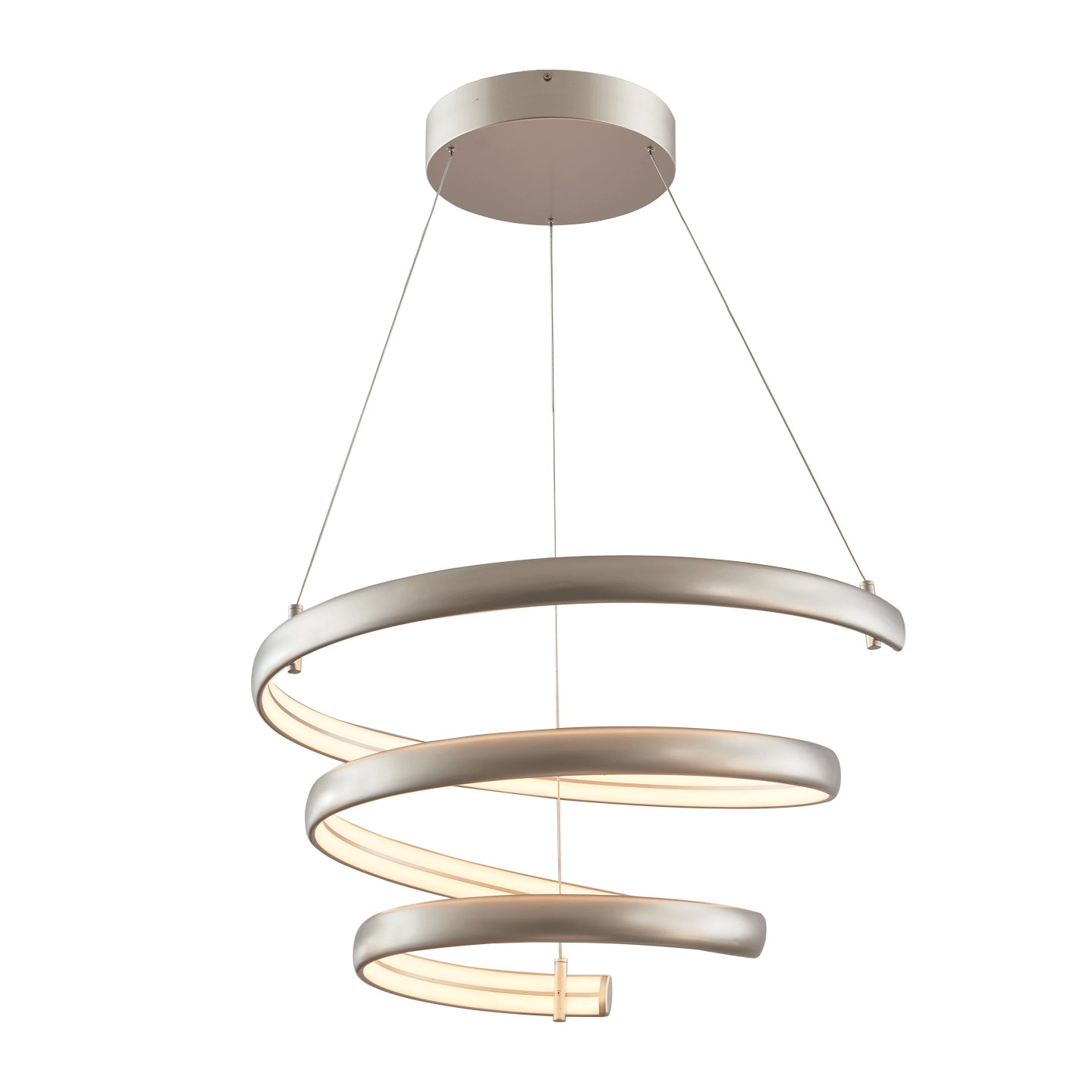 Oval spring pendant light in titanium silver glowing spiral view.