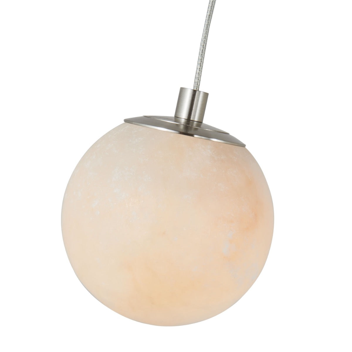 Detail shot of alabaster stone pendant light with brushed nickel hardware.