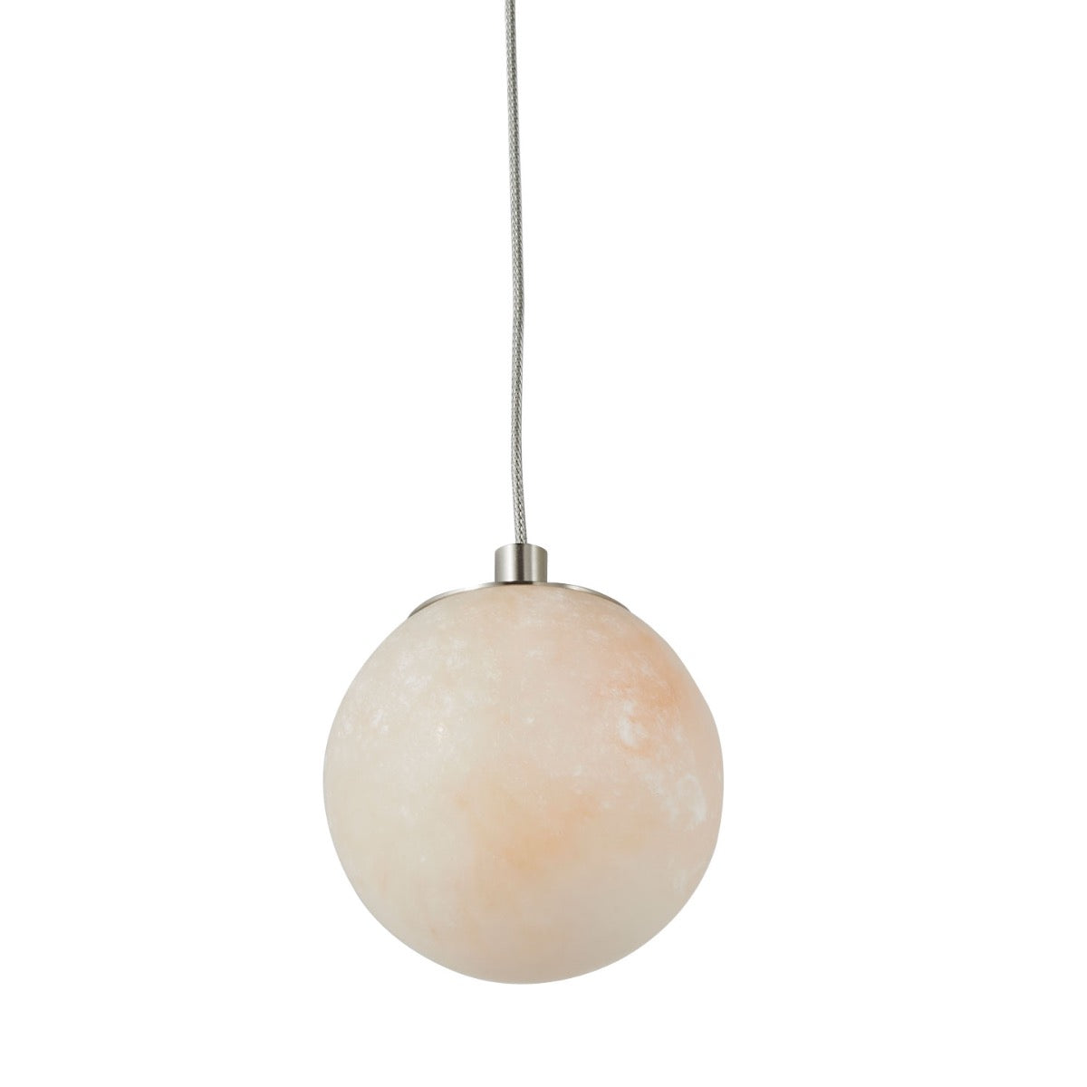 Detail shot of alabaster stone pendant light with brushed nickel hardware.