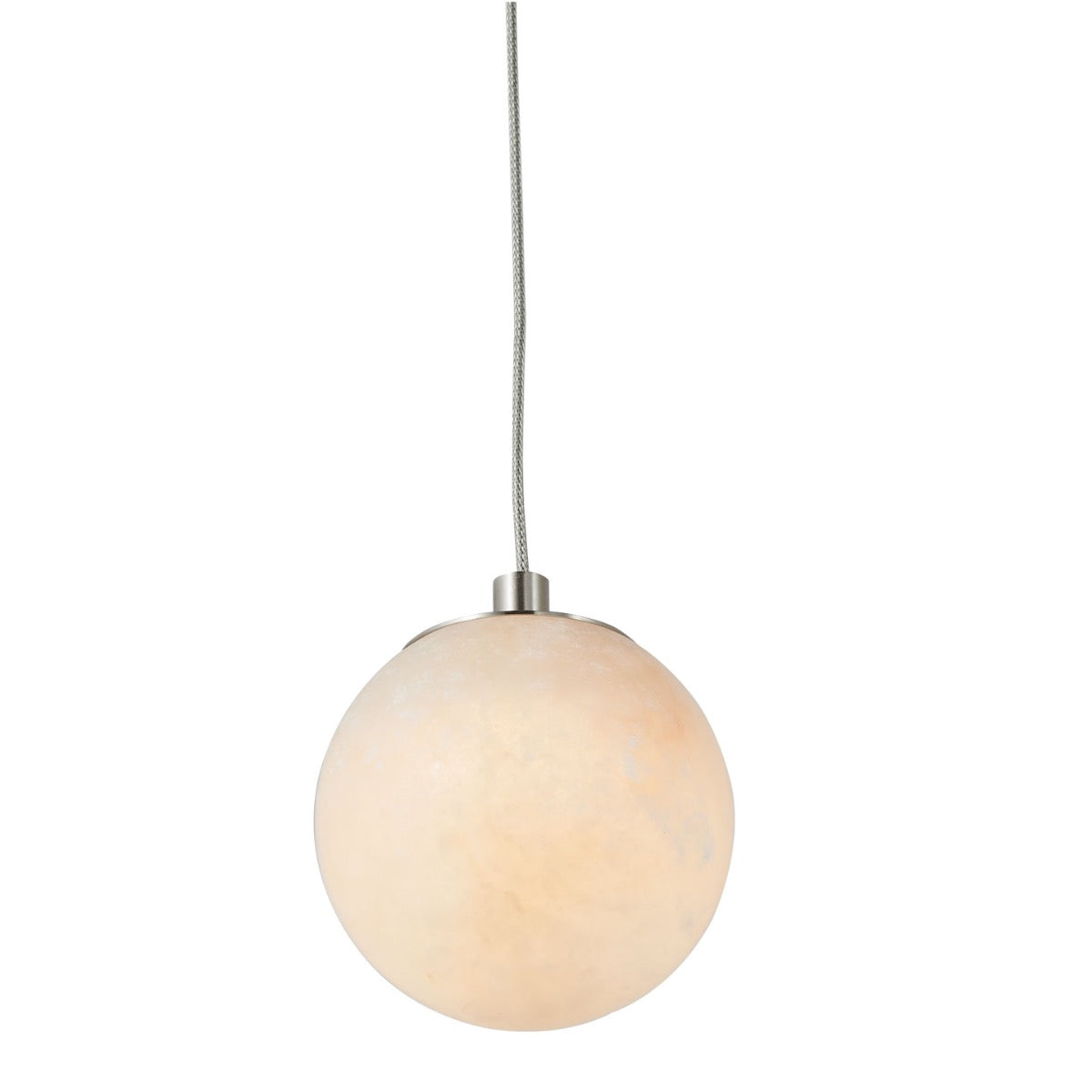 Alabaster stone pendant light with brushed nickel finish hanging on cord.