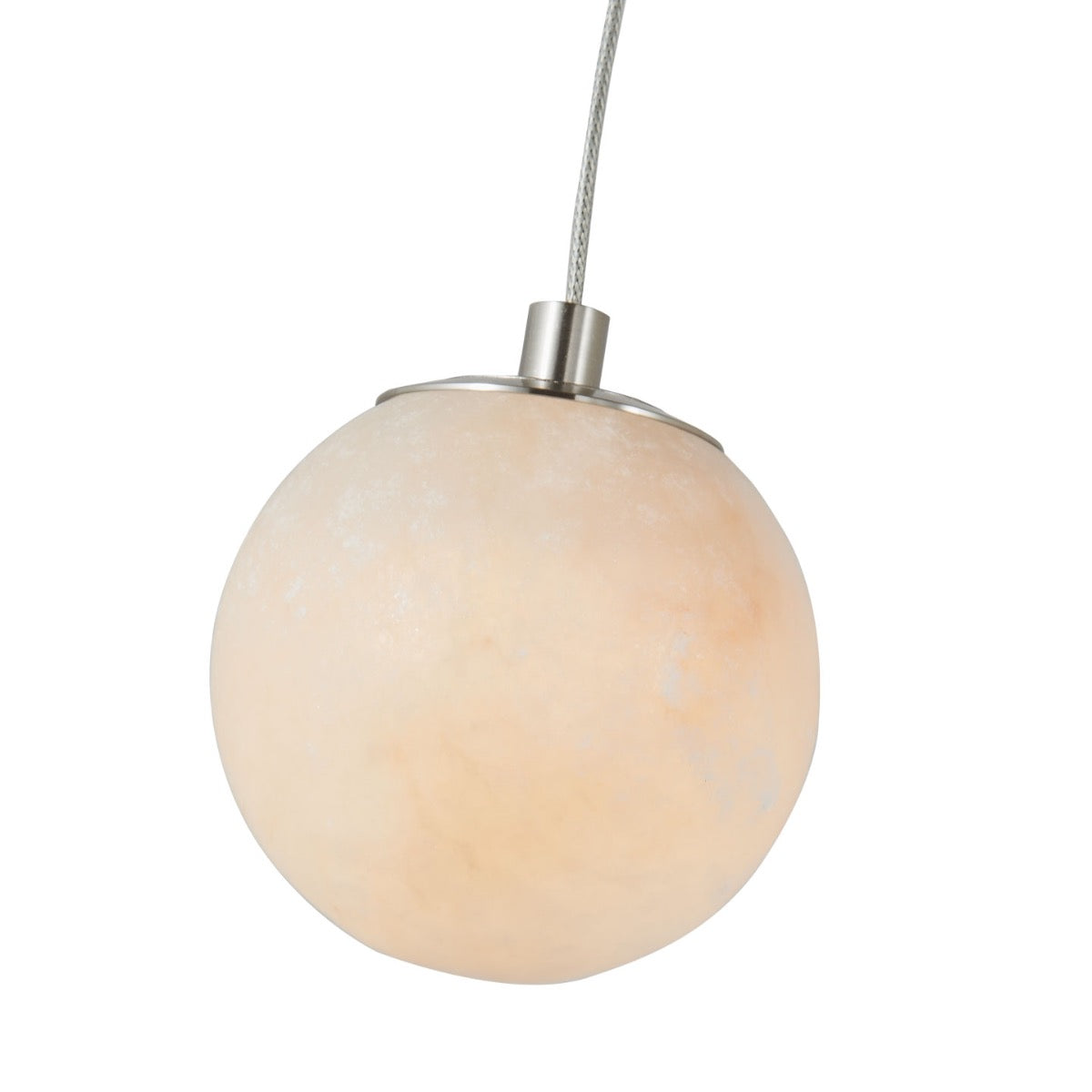 Close-up of stone pendant light in brushed nickel finish showcasing alabaster orb diffuser.