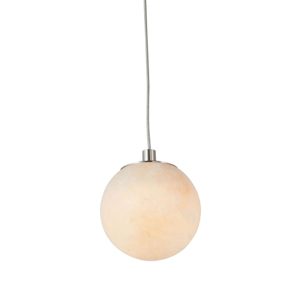 Full view alabaster stone pendant light in brushed nickel finish with 120-inch cord.