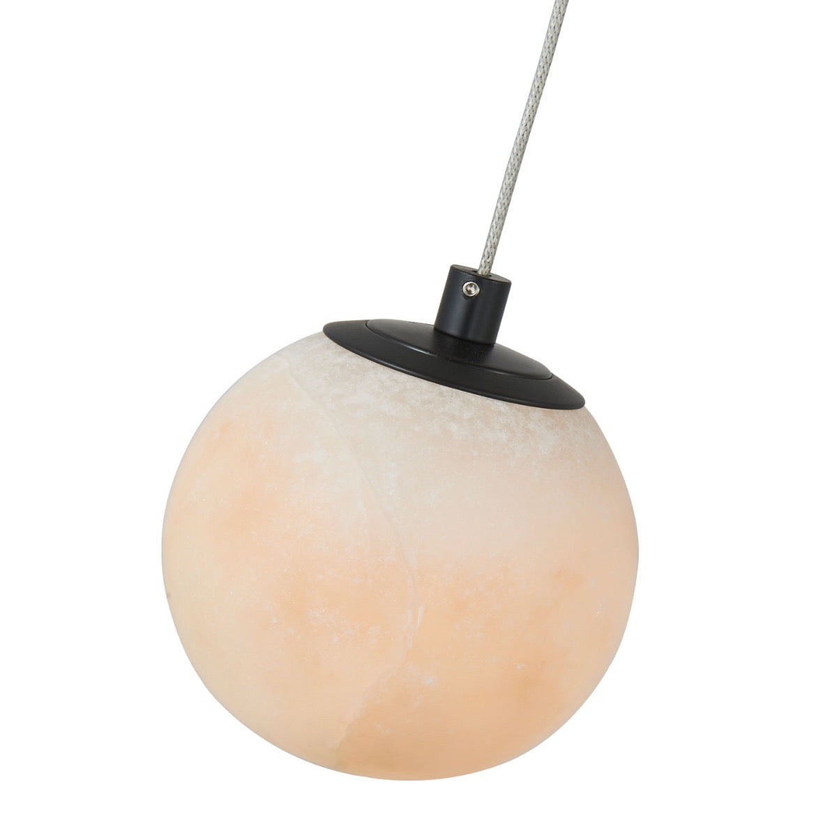 Angled view of stone pendant light in matte black finish highlighting alabaster glow.