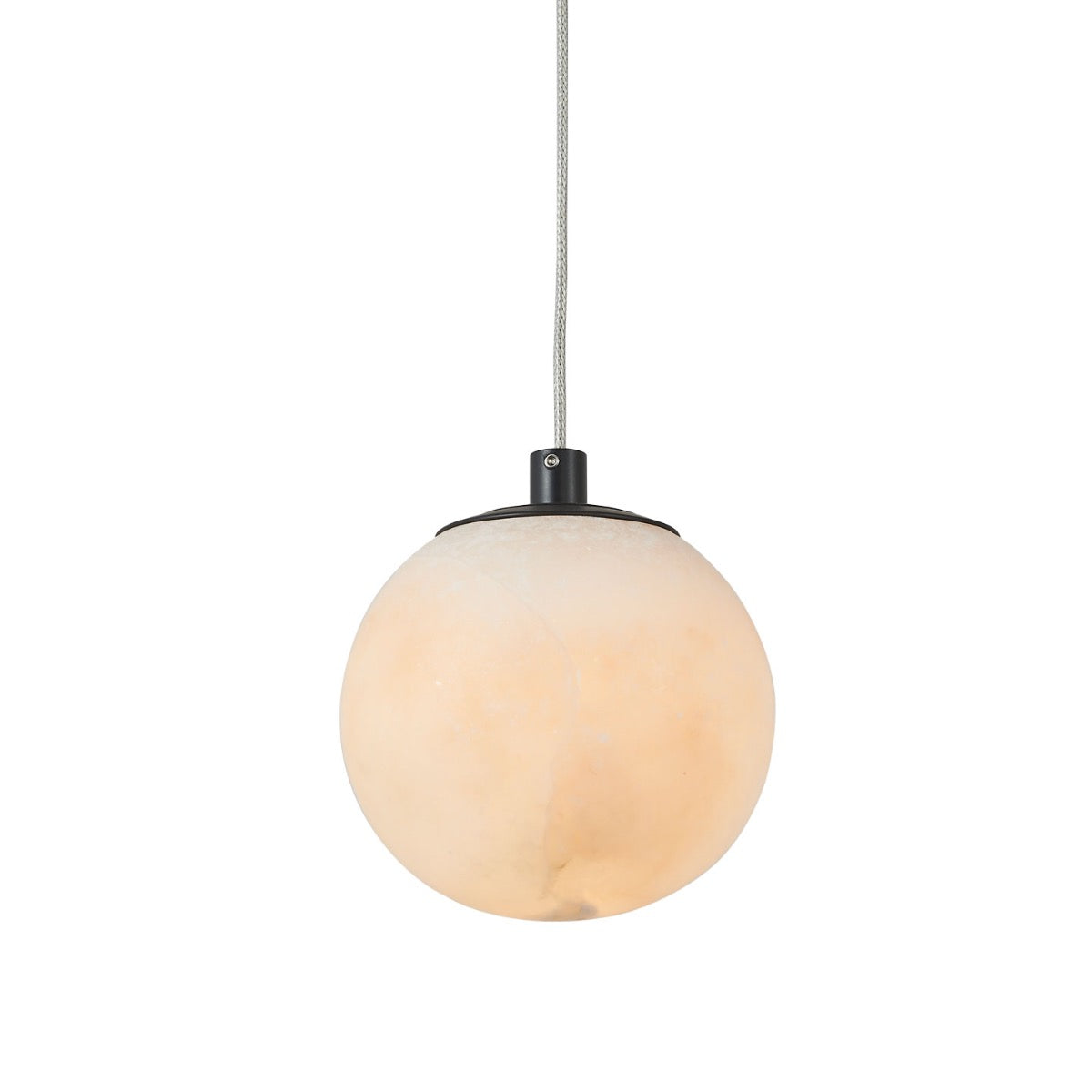 Stone pendant light matte black finish, alabaster orb glowing warmly against white background.