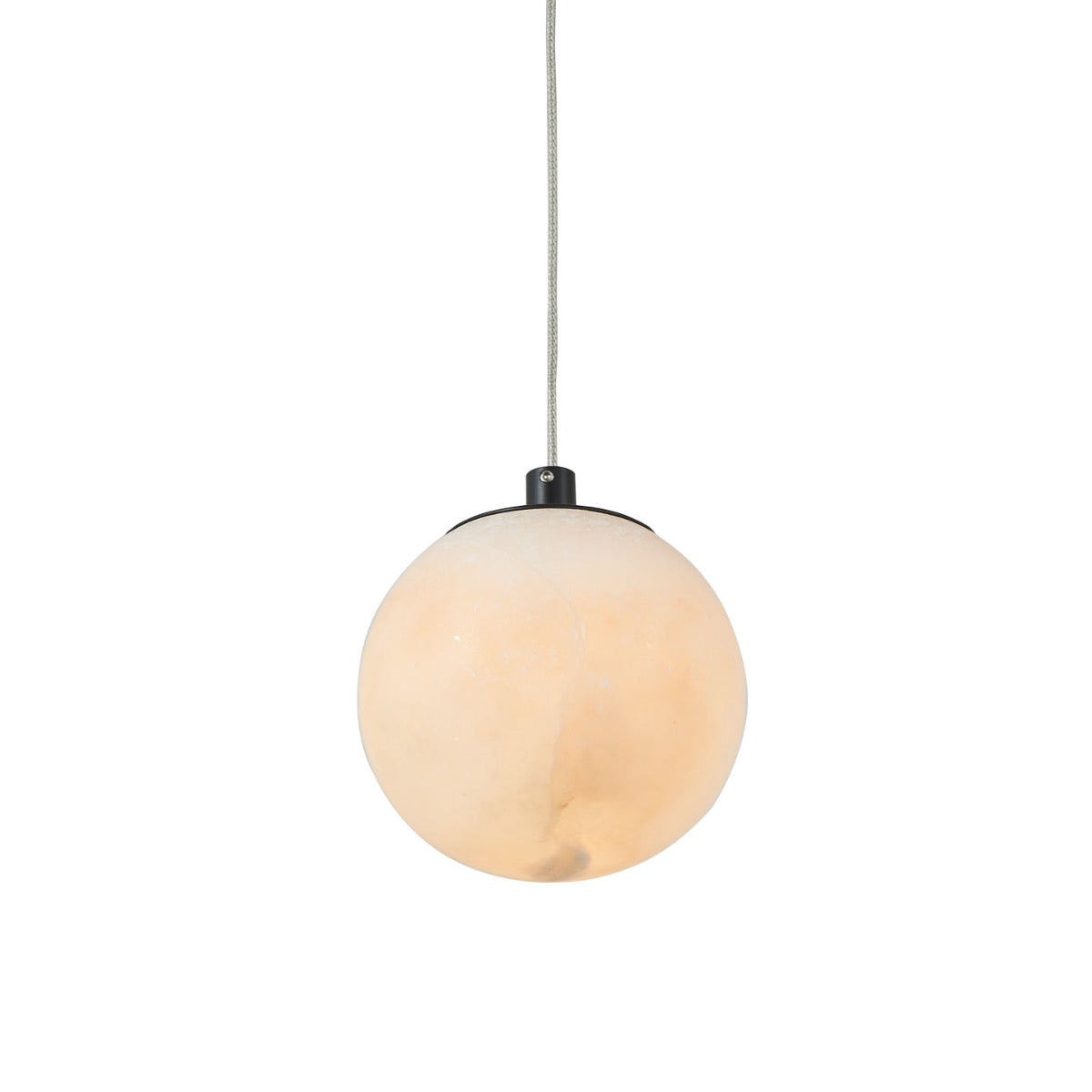 Stone pendant light with matte black finish, glowing alabaster orb hanging from cord.
