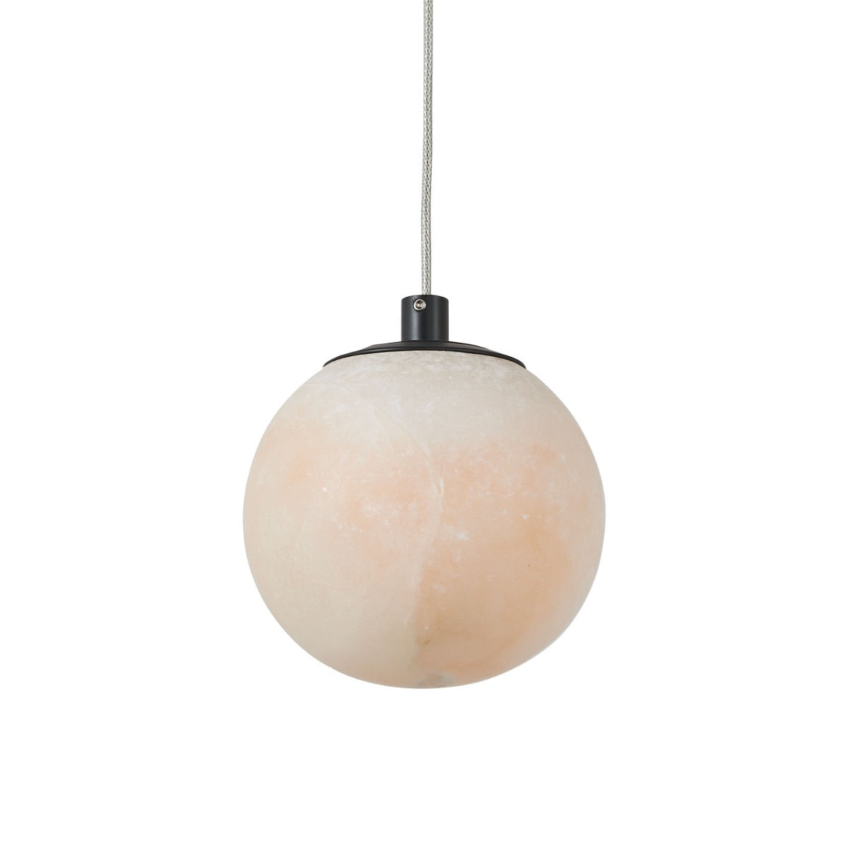 Alabaster stone pendant light matte black finish with natural veining visible on orb.