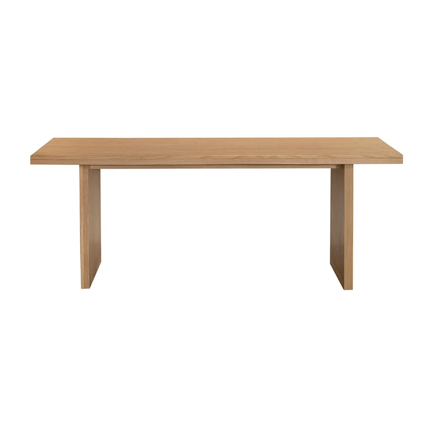 Front view of wicker dining table in natural oak finish, featuring a sleek design and wicker panel accents.