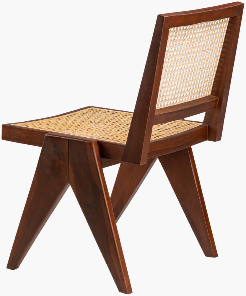 Wooden rattan dining room chair with angled legs.