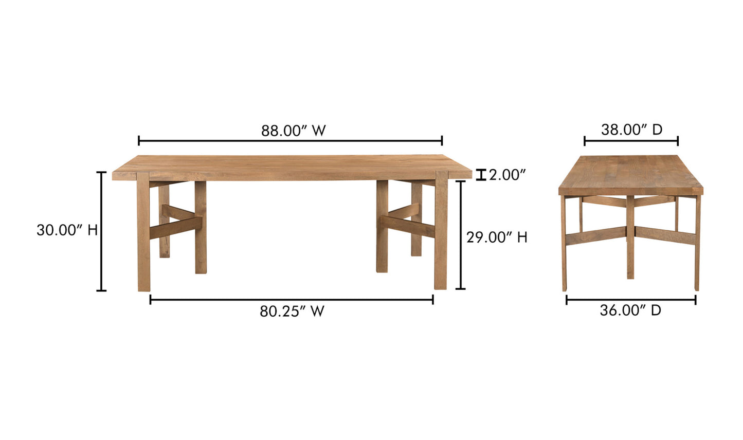 Dimensions of the Workshop wooden dining table for 8, along with a clear view of the table’s cross-braced leg