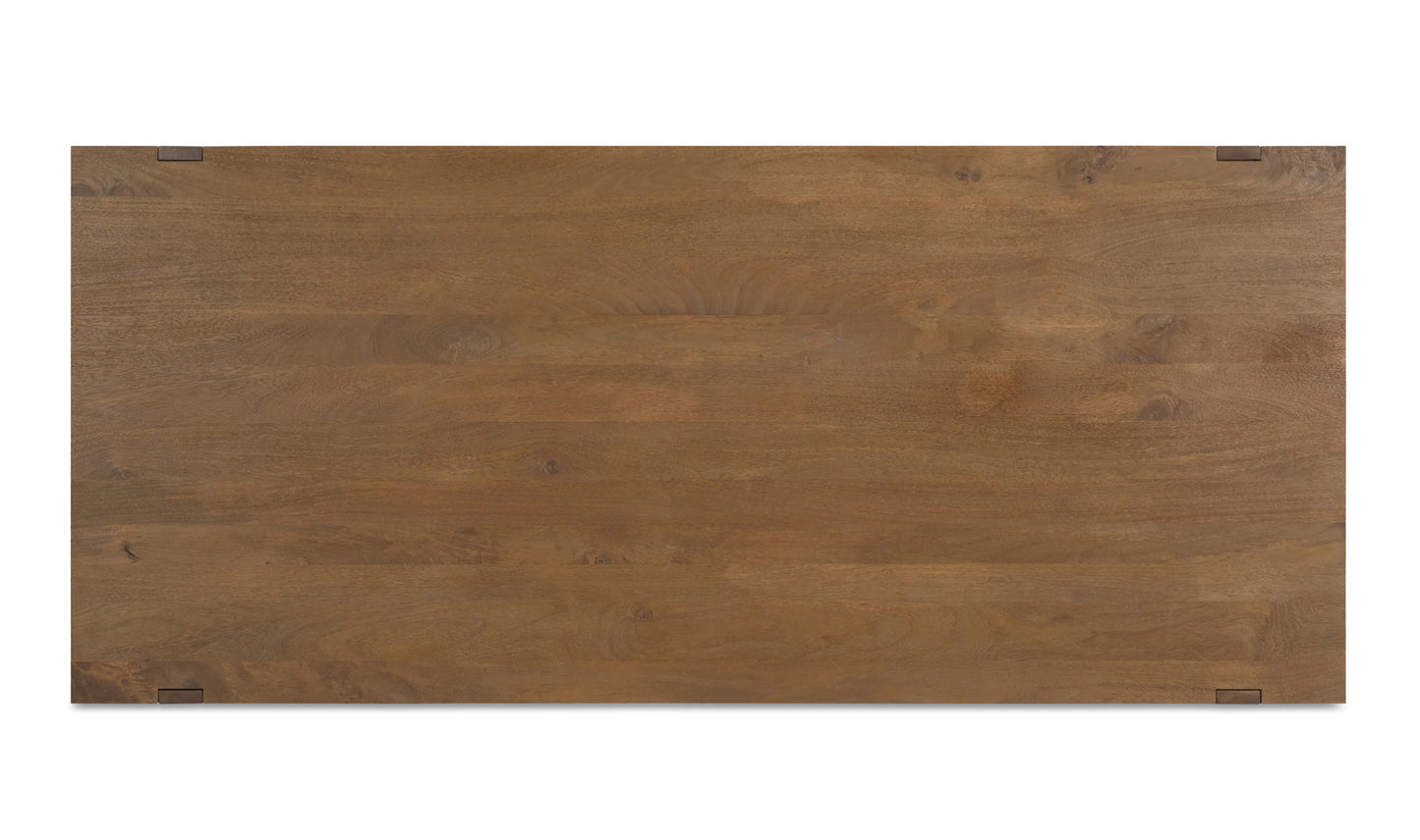 Top view of the wooden dining table for 8 highlighting the natural grain and unique w