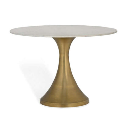 Union Home Funnel Dining Table with white marble top and antique brass base, emphasizing mid-century design.