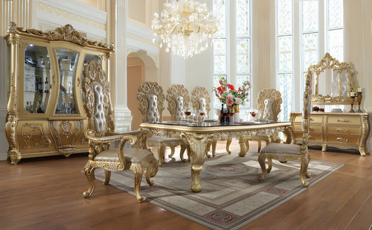 HOMEY DESIGN HD-1801 traditional gold dining set featuring a large table and six chairs in an opulent dining room setting.