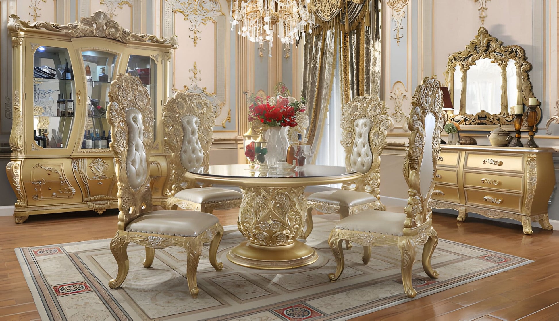 HD-1801 Traditional Round Dining Set - Elegant Dining Room Setup with Antique Gold Table and Chairs