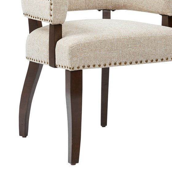 Brooklyn Dining Arm Chair 2pc - Tradtitional Beige upholstered dining chair with dark wooden legs and brass nailhead accents