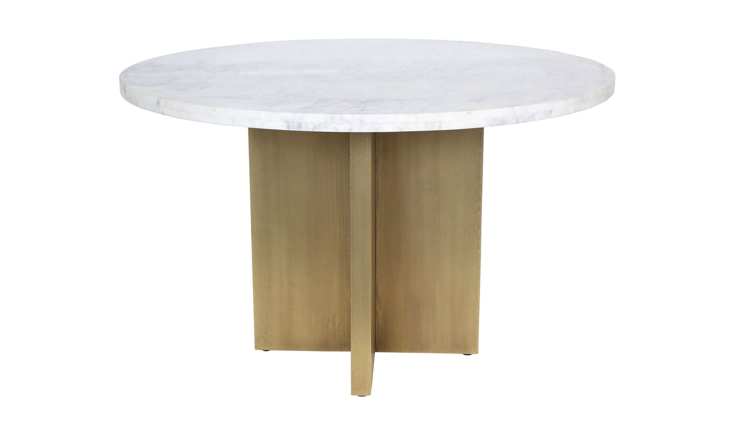 Front view of the contemporary marble dining table, showing its round shape and sleek design.