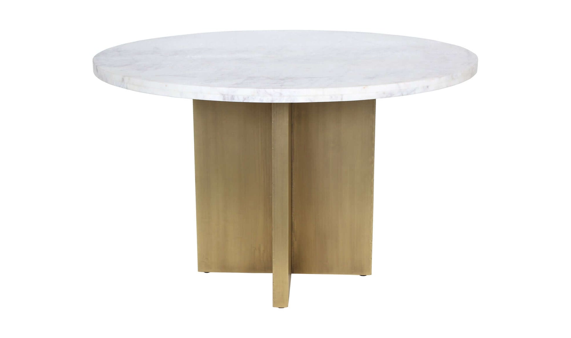 Front view of the contemporary marble dining table, showing its round shape and sleek design.