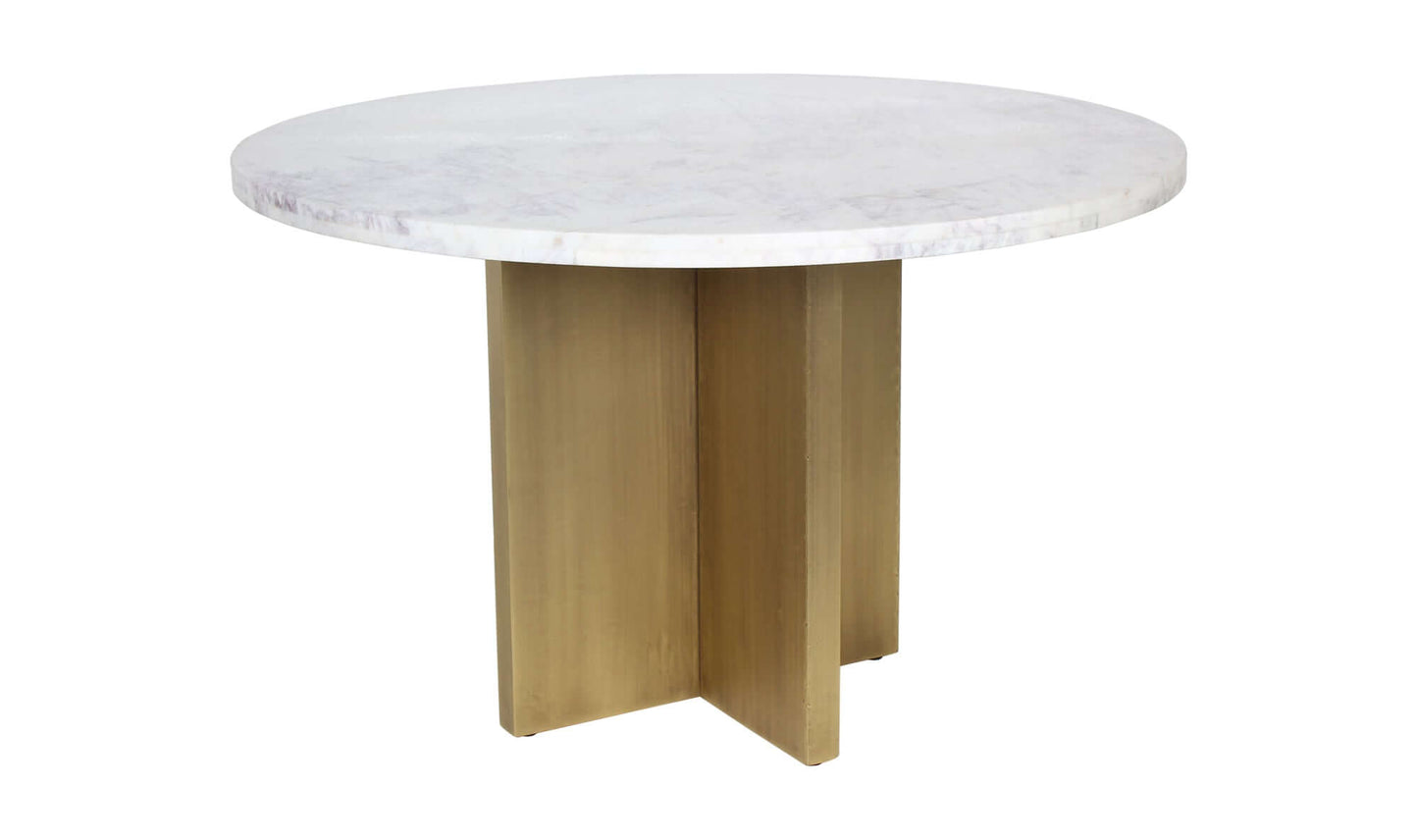 Contemporary marble dining table with a white marble top and brass-finished iron base