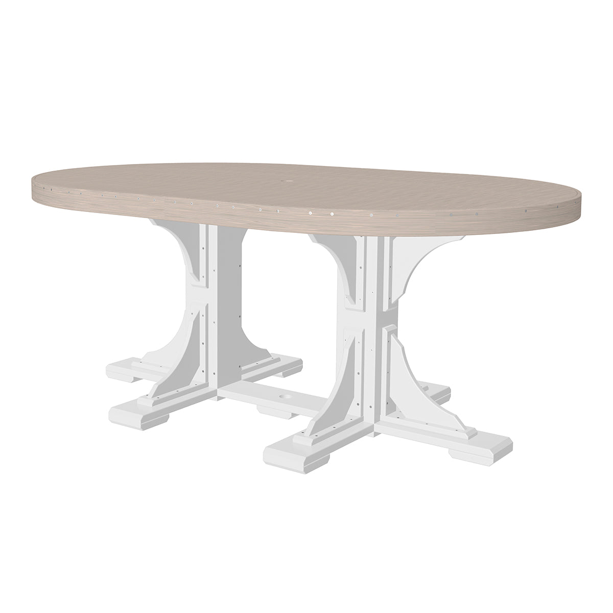 Birch white oval dining table, featured in an outdoor 3 piece dining set, great for bench seating.