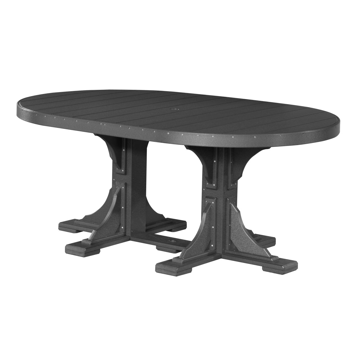 Solid black oval dining table designed for outdoor use, featured in a dining set with bench seating.