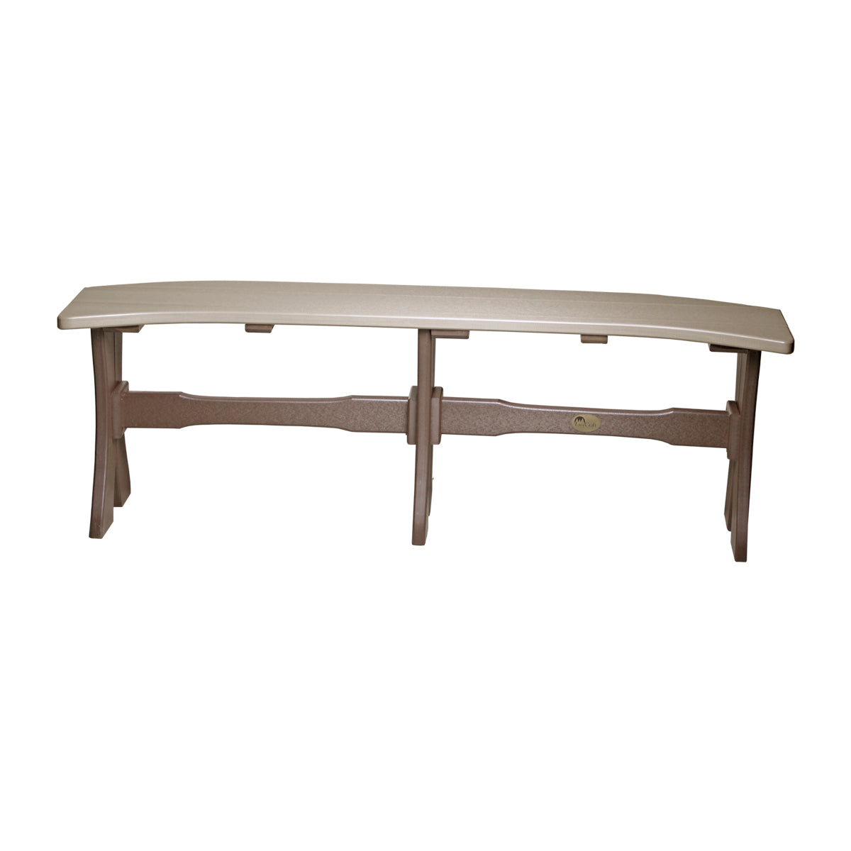 LuxCraft table bench in weatherwood and chestnut brown, featuring a curved design ideal for cozy outdoor dining experiences.